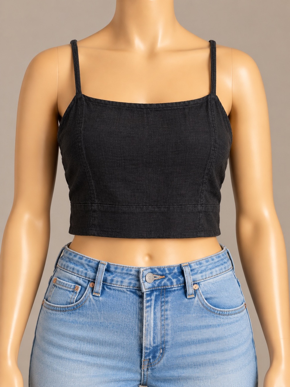 Free People Black Linen Blend Cropped Cami Tank Medium Tie Back